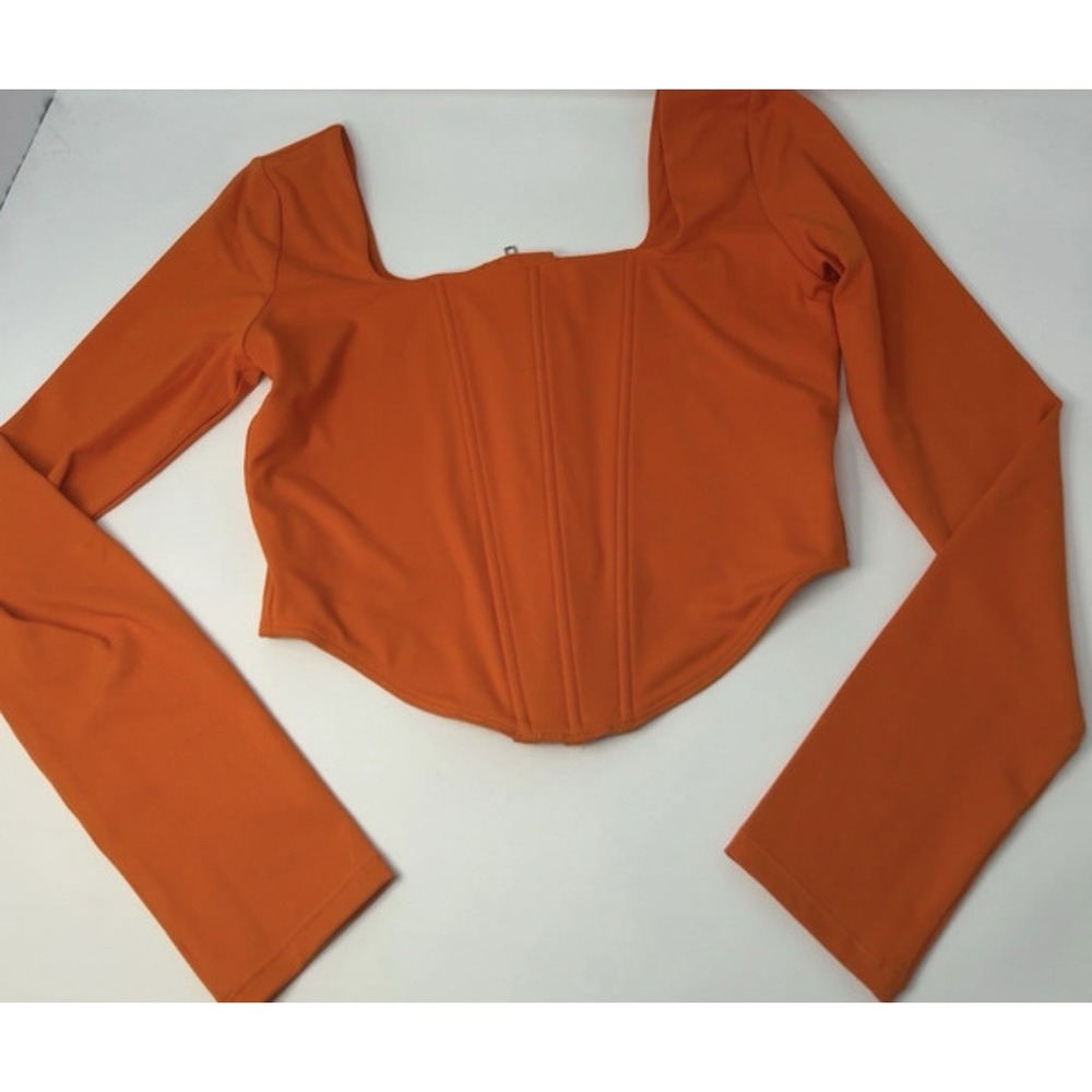 REORIA Orange Corset Top Long Sleeve Square Neck Y2K Goth Grunge Cyber Boho S